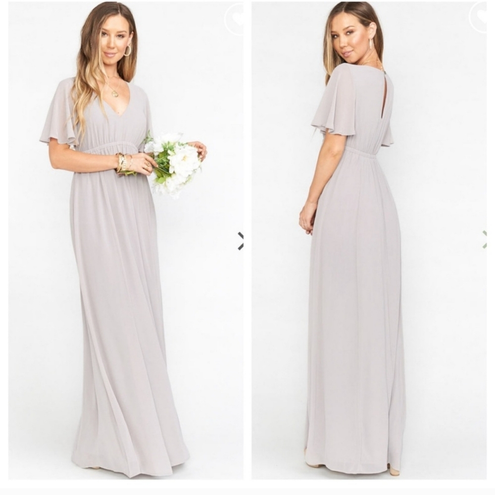 Show Me Your Mumu Emily Empire Maxi Dress‎ in Dove Gray Chiffon